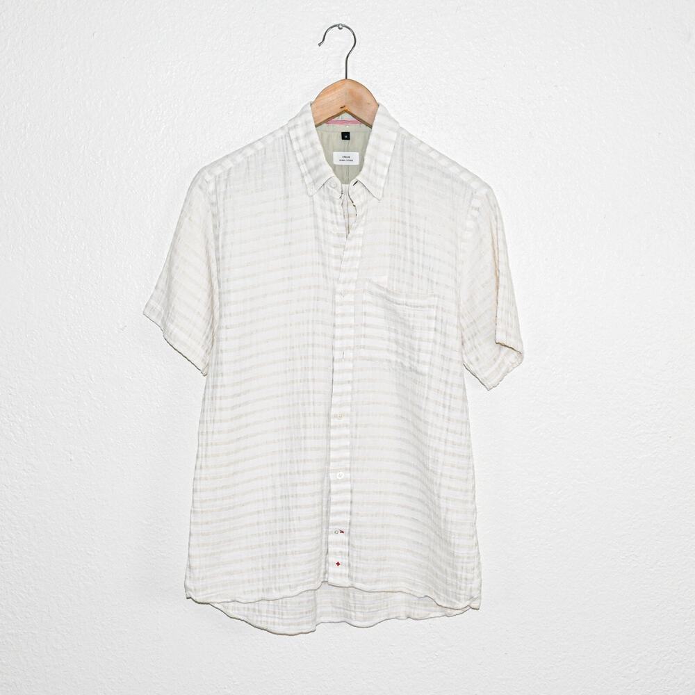 APOLIS Global Citizen Men's SS Gauze Button Down Shirt beige striped sz Medium